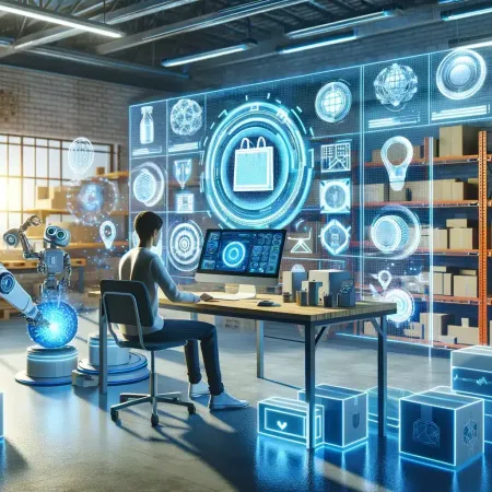 DALL·E-2024-05-22-11.51.08-A-futuristic-packaging-design-workspace-with-AI-powered-tools-in-action.-The-scene-should-include-a-designer-working-on-a-computer-with-holographic-di