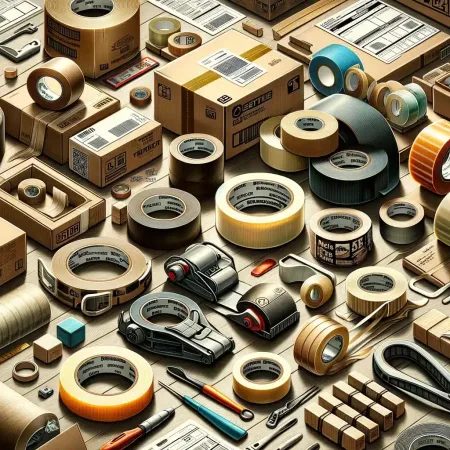 DALL·E-2024-05-22-12.23.01-A-detailed-image-showing-various-types-of-packing-and-shipping-tape.-The-image-includes-pressure-sensitive-tape-PST-such-as-acrylic-tape-hot-melt-t